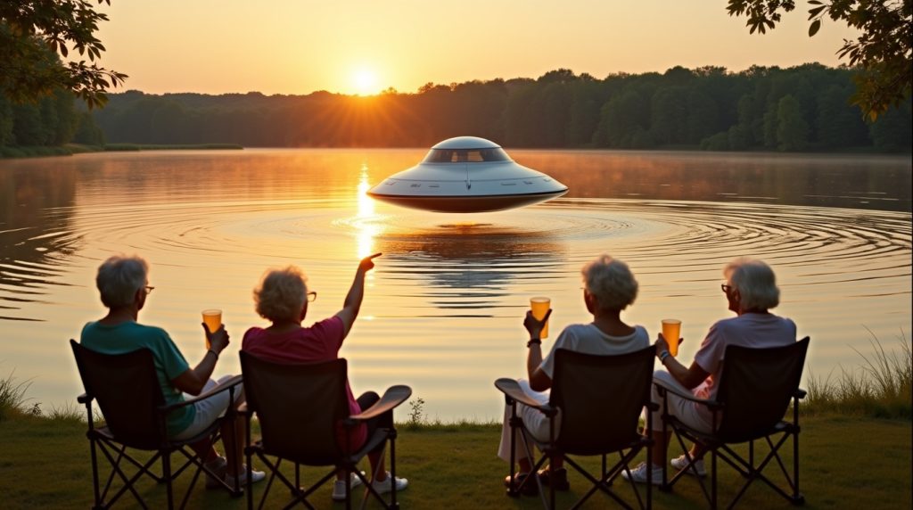 ufo arrives at peaceful lakeside
