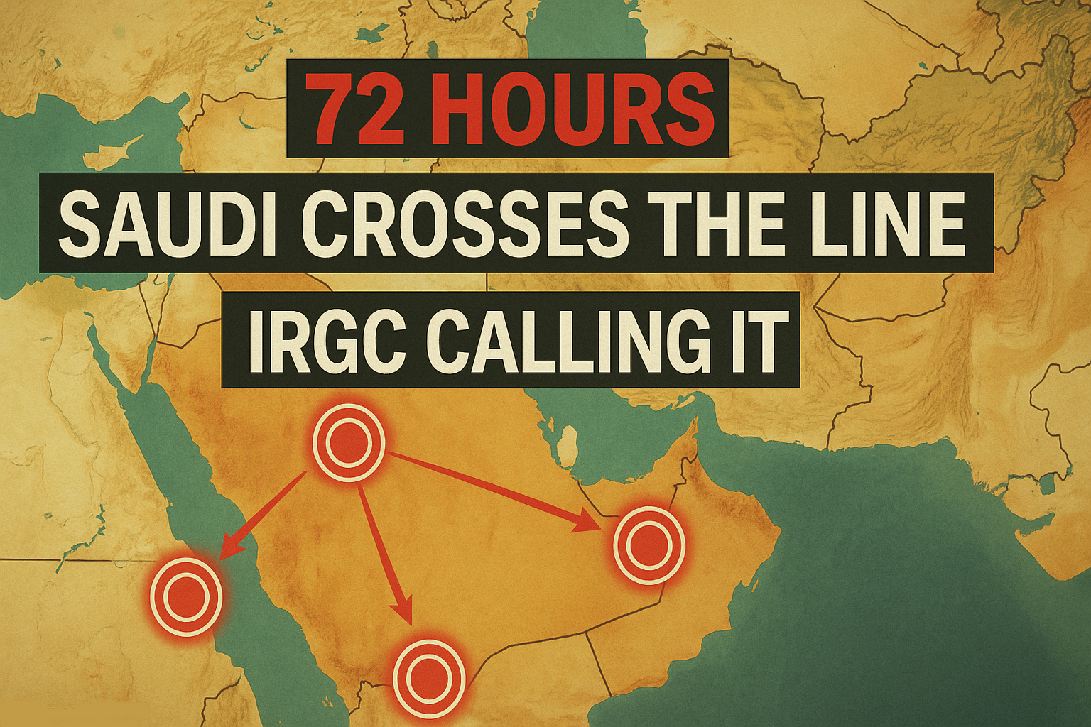 Editorial news graphic showing the Middle East region with highlighted flashpoints — Iraq (US-Saudi joint strikes), Jordan (Iranian missile hit US base), and Bab el-Mandeb strait — with overlay text reading 72 HOURS, SAUDI CROSSES THE LINE, and IRGC CALLING IT, styled as a broadcast news infographic.